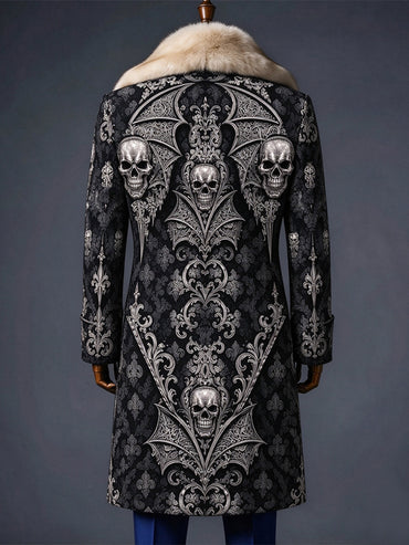 Men's Christmas Art Print Fur Shawl Collar Double Breasted Long Overcoat