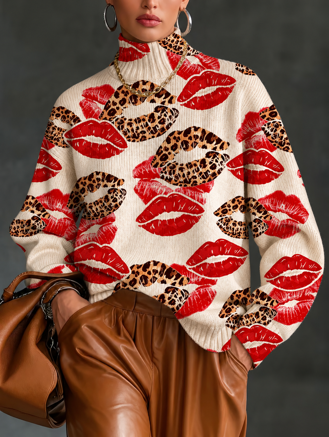 Women’s Fall Winter Vintage Art Turtleneck Knit Sweater