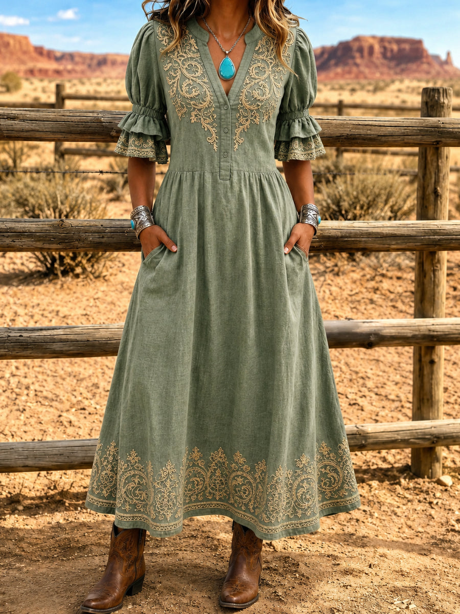 Women's Retro Art Print Washed Cotton Lace Patchwork Midi Dress