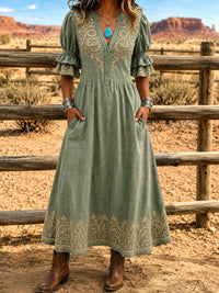 Women's Retro Art Print Washed Cotton Lace Patchwork Midi Dress