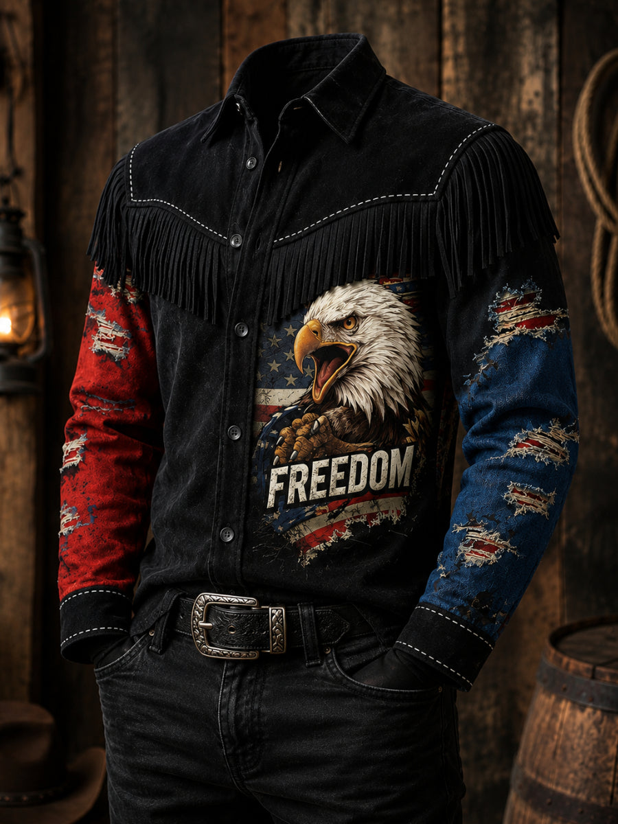 Men's Retro 250th Anniversary National Flag Print Vintage Tassel Casual Long Sleeve Shirt