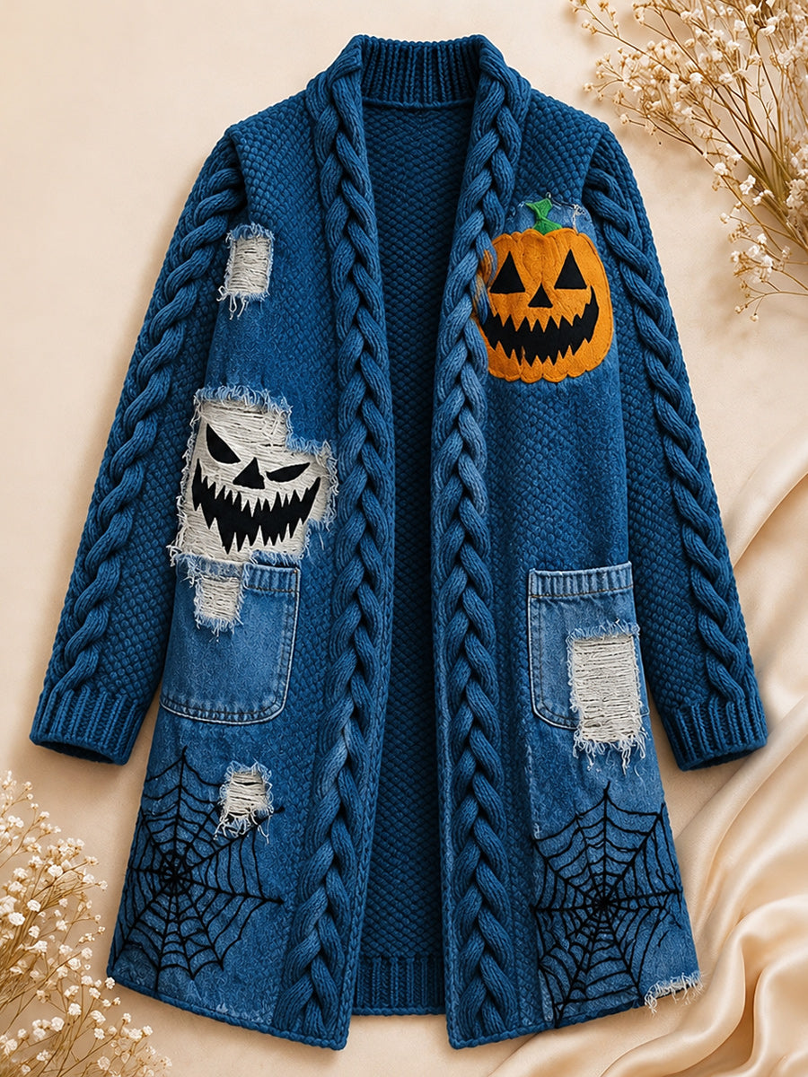 Retro Style Art Print Casual Pocket Mid-Length Knitted Cardigan Coat