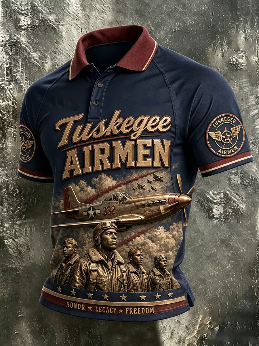 Men's Retro Red Tails Tuskegee Airmen Aircraft Print Polo Shirt