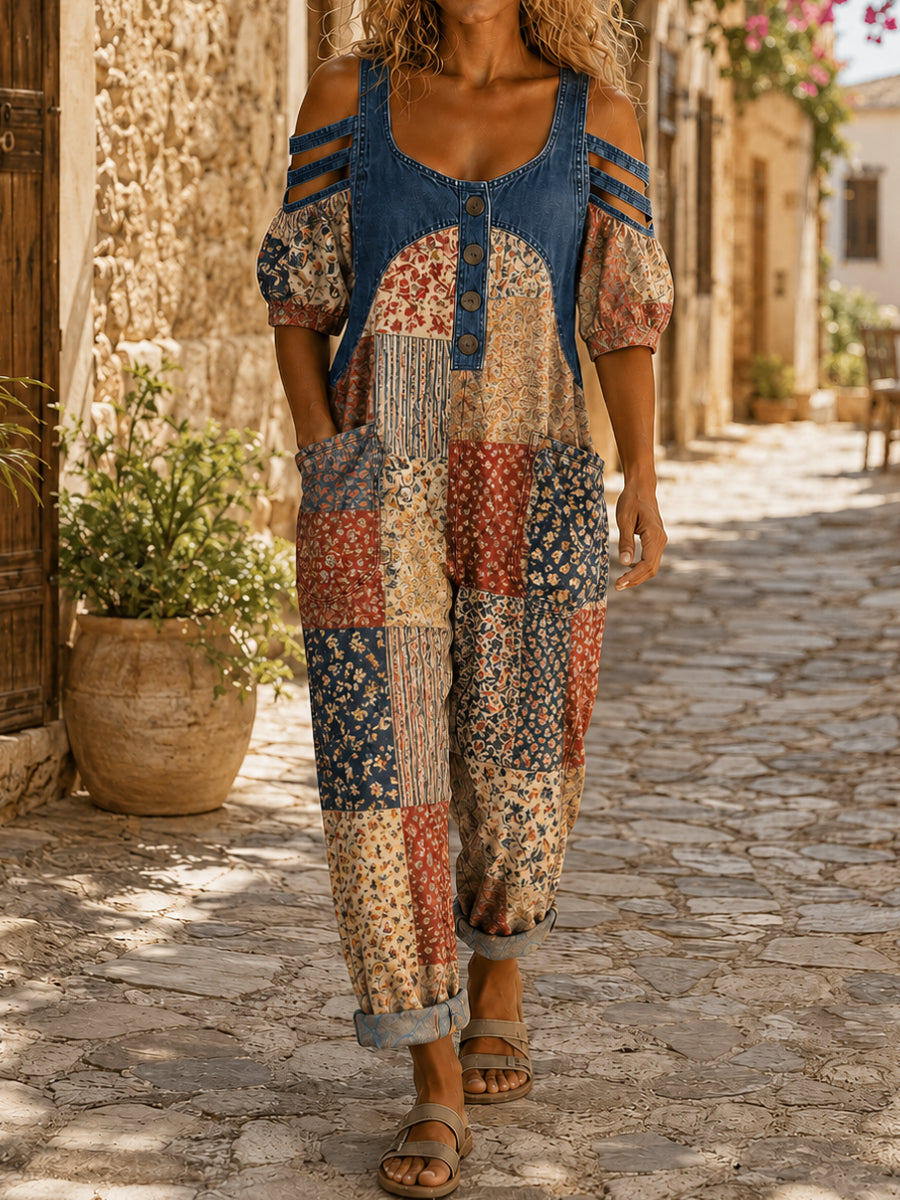 Women's Casual Sleeveless Denim Patchwork Jumpsuit