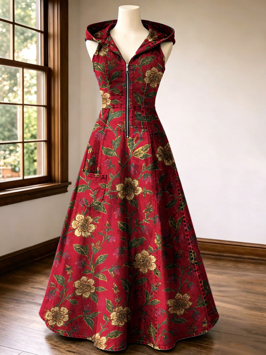 Retro Style Art Print Vintage V-Neck Hooded Zipper Maxi Dress