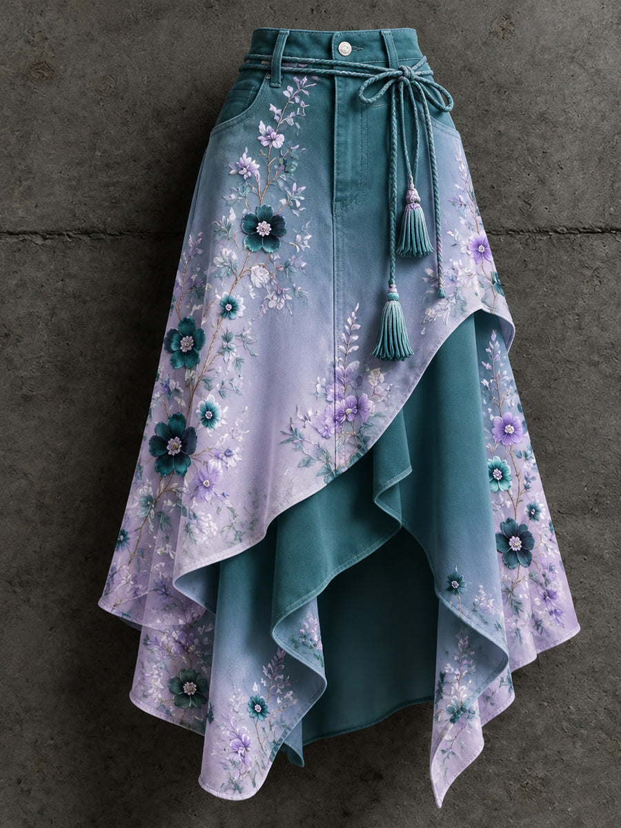 Women's Retro Style Art Print Irregularly Layered Stitched Skirt