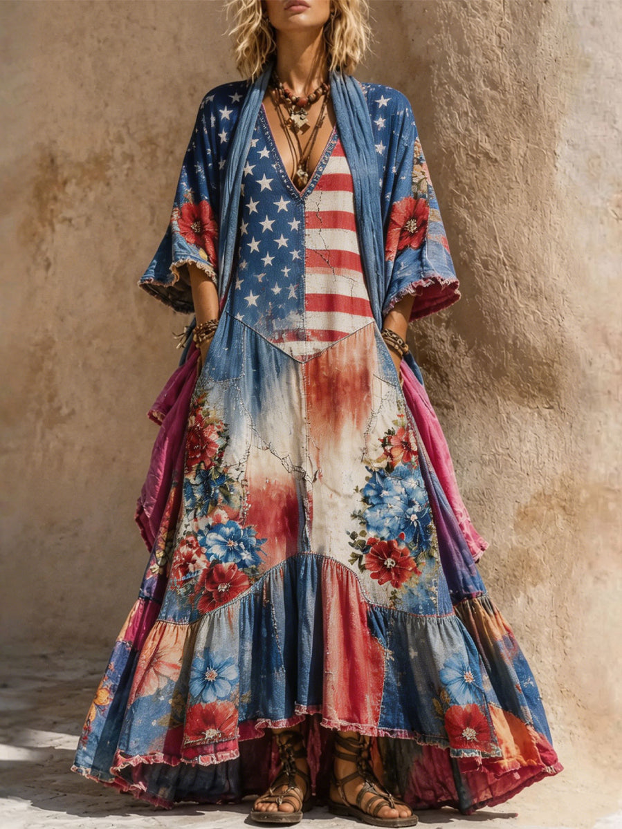 Retro Style Art Printed Vintage Camisole Dress Long Sleeve Two-Piece Maxi Dress