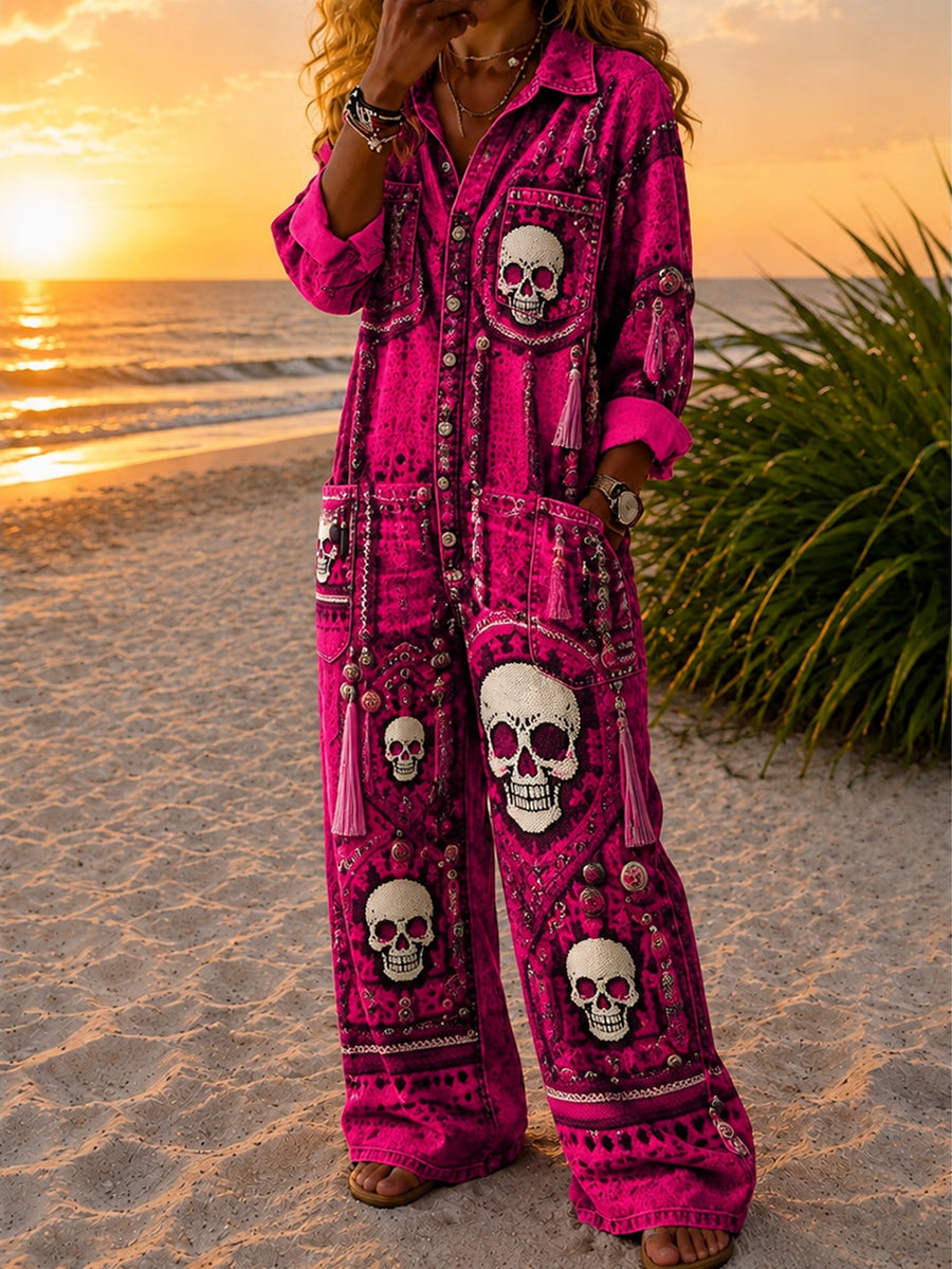 Women's Retro Style Art Print Washed V-Neck Cotton Denim Patchwork Jumpsuit