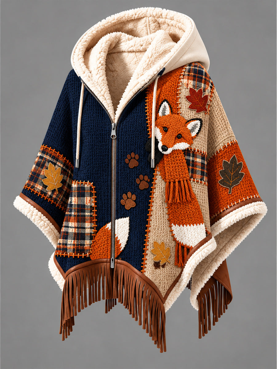 Women's Fall Winter Vintage Art Fleece-Lined Hooded Fringe Poncho