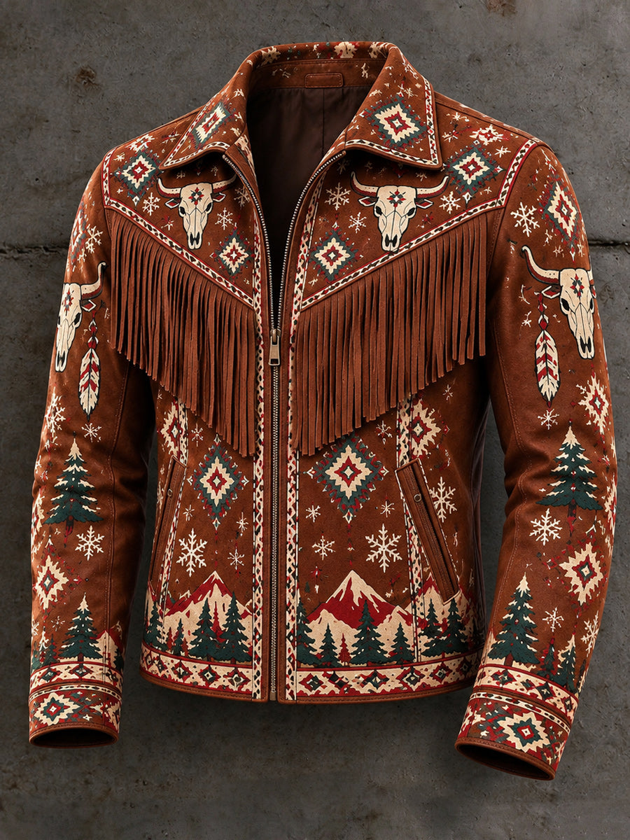 Men's Retro Style Art Print Western Vintage Tassel Casual Zipper Jacket