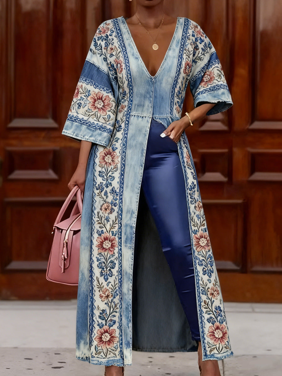 Retro Boho Denim Floral Art Print Vintage Long Split Shirts Dress Skinny Pants Two-Piece Set