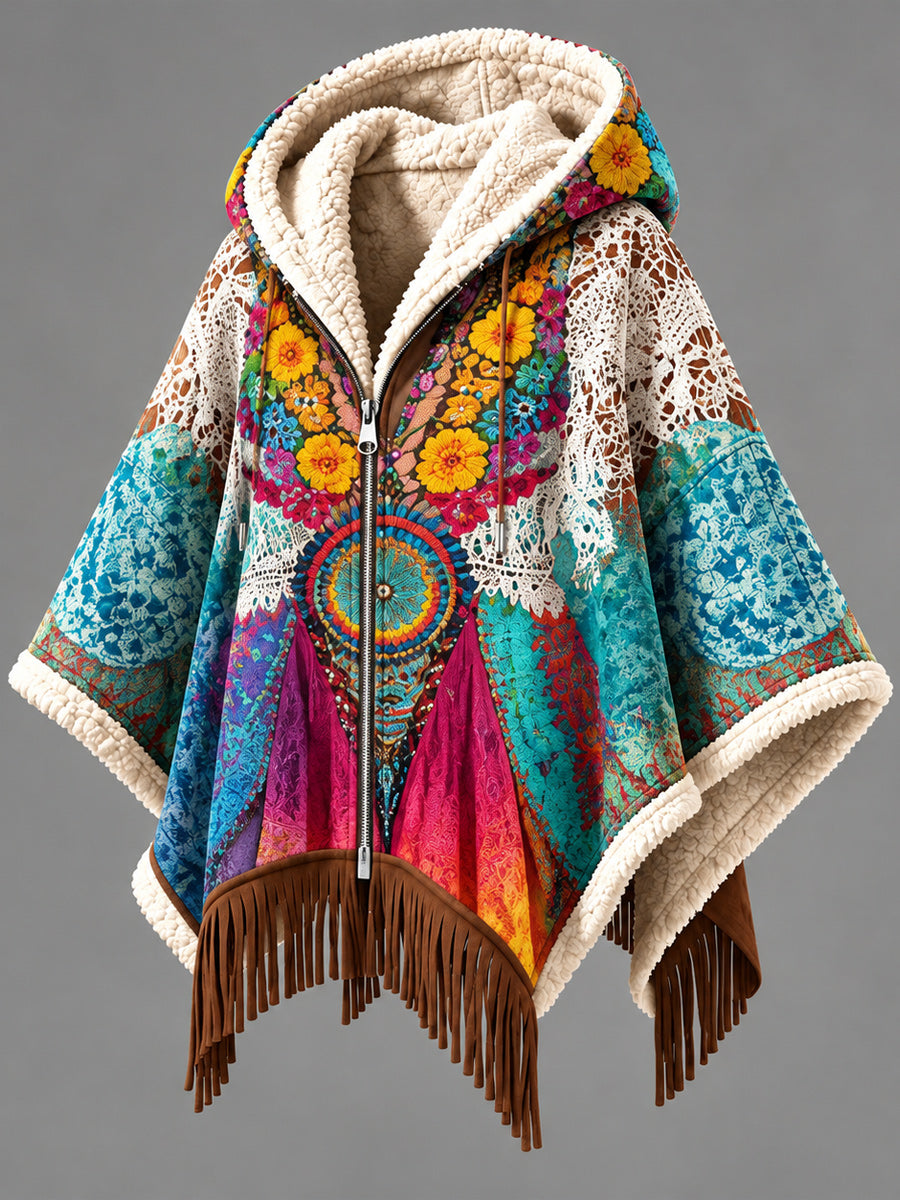 Women's Fall Winter Vintage Art Fleece-Lined Hooded Fringe Poncho