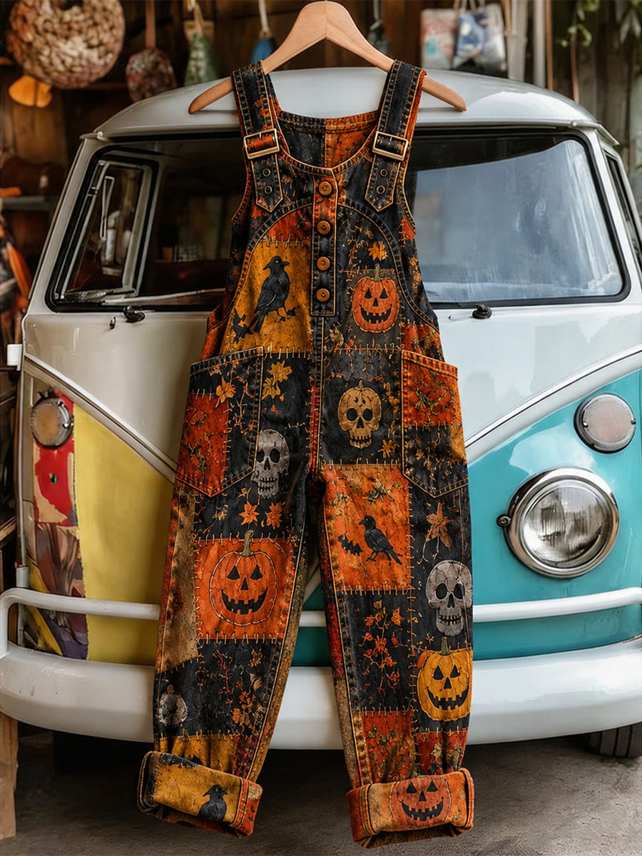 Women's Retro Style Art Print Washed Cotton Denim Patchwork Jumpsuit