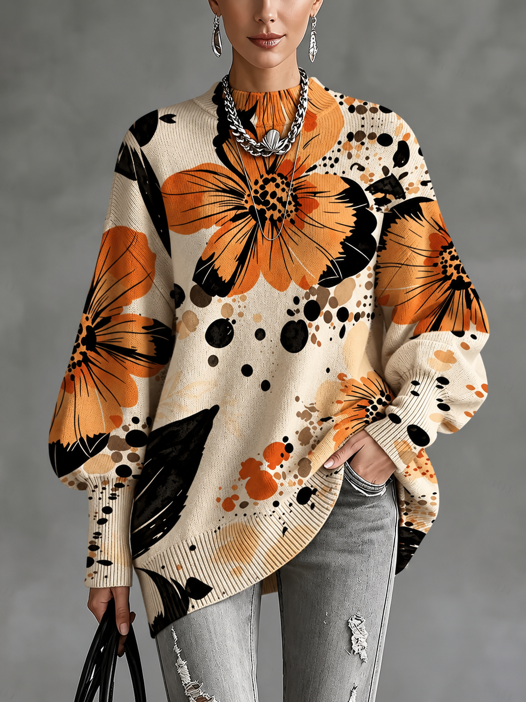 Women’s Fall Winter Vintage Art Lantern Sleeve Knit Sweater
