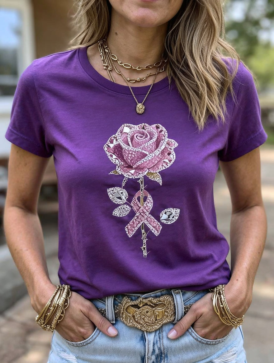 Women's Pink Rhinestone Rose And Awareness Ribbon Print T-Shirt