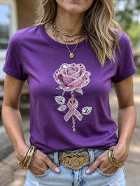 Women's Pink Rhinestone Rose And Awareness Ribbon Print T-Shirt