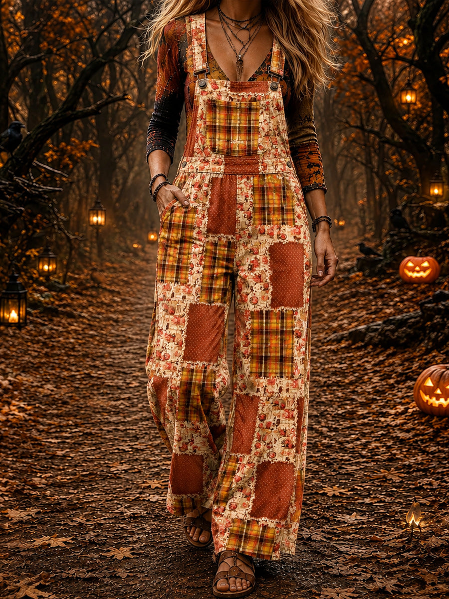 Women's Retro Style Art Print Washed Cotton Denim Patchwork Jumpsuit