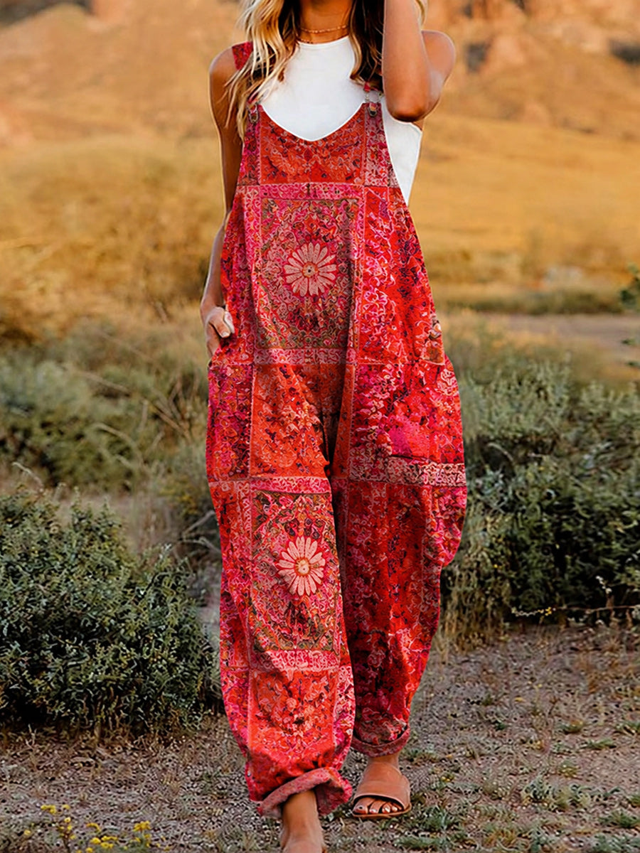 Women's Retro Style Art Print Washed Cotton Denim Patchwork Jumpsuit