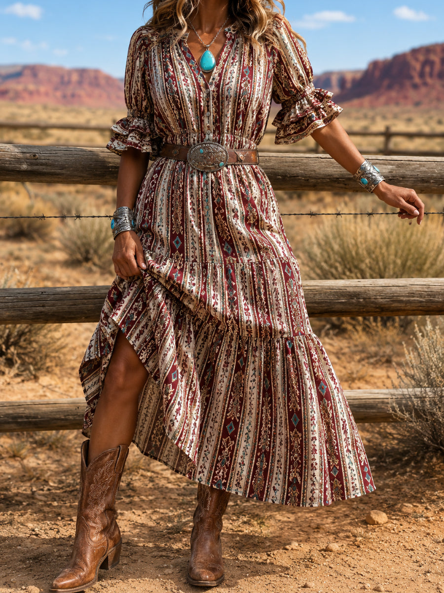 Women's Retro Art Print Washed Cotton Lace Patchwork Midi Dress