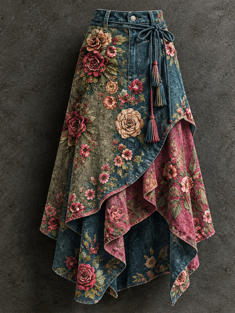 Women's Retro Style Art Print Irregularly Layered Stitched Skirt