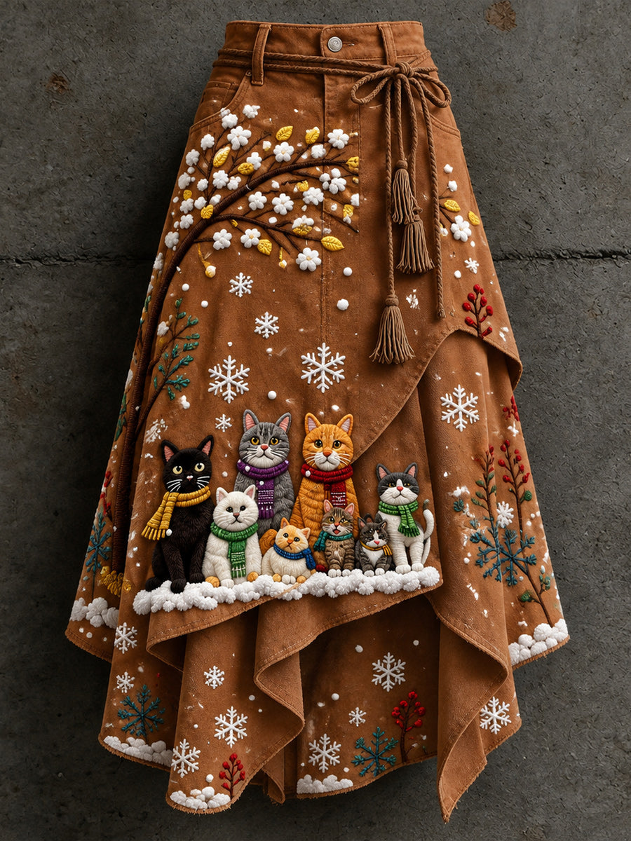 Women's Retro Style Art Print Irregularly Layered Stitched Skirt