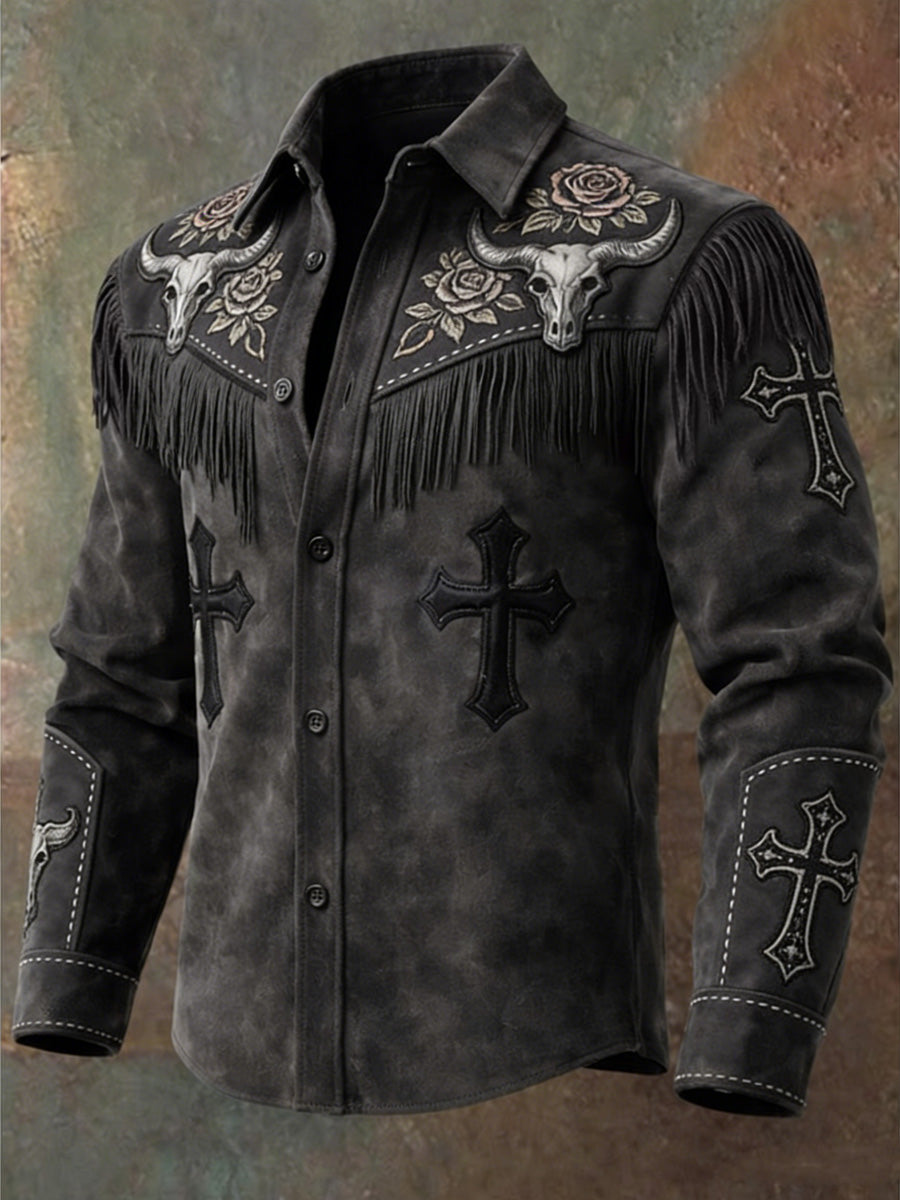 Men's Retro Western Style Art Print Vintage Tassel Casual Long Sleeve Shirt
