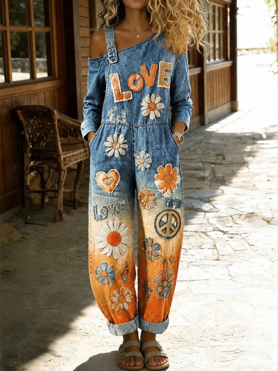 Women's Retro Style Floral Art Print Washed Cotton Denim Patchwork Jumpsuit