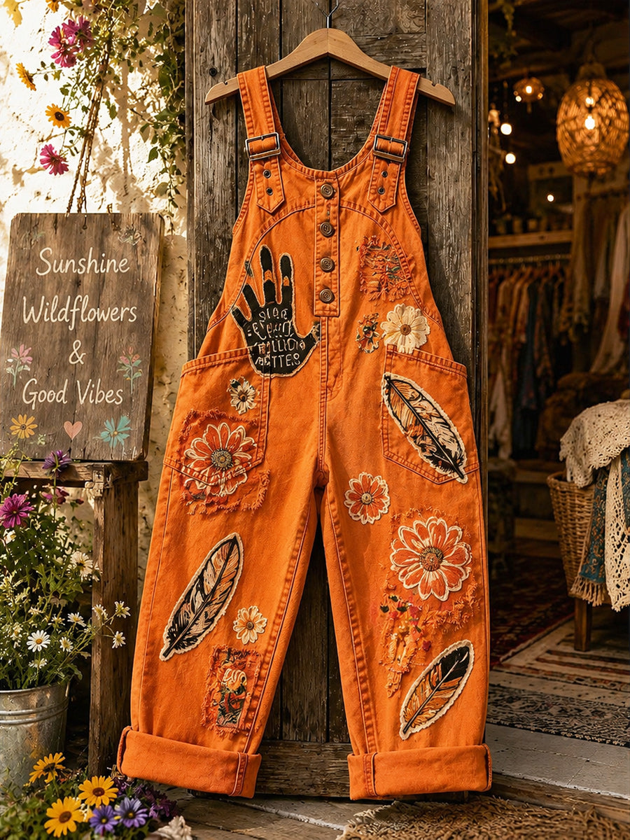 Women's Retro Style Art Print Washed Cotton Denim Patchwork Jumpsuit