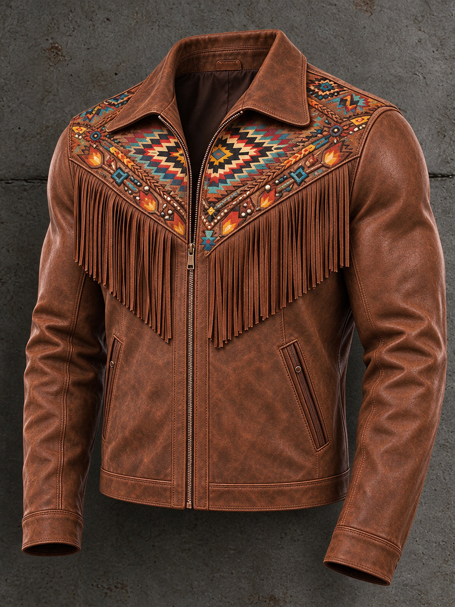 Men's Retro Style Art Print Western Vintage Tassel Casual Zipper Jacket