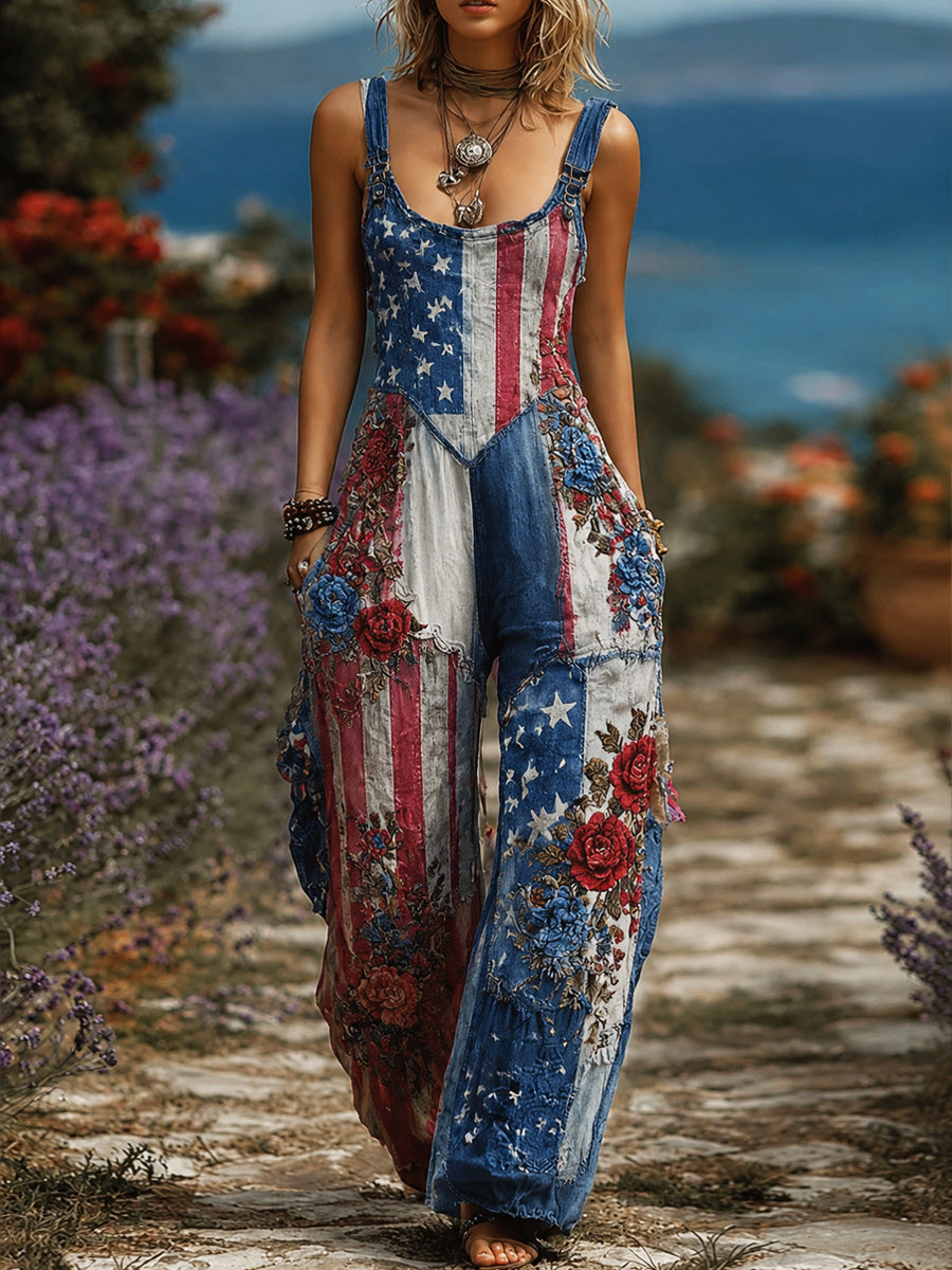 Women's Retro Style Art Print Washed Cotton Denim Patchwork Jumpsuit