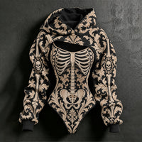 Women's Halloween Skeleton Floral Plant Print Hoodie Two-piece Set