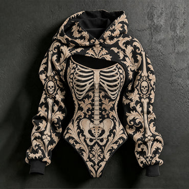 Women's Halloween Skeleton Floral Plant Print Hoodie Two-piece Set