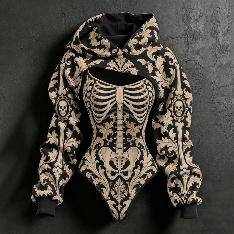 Women's Halloween Skeleton Floral Plant Print Hoodie Two-piece Set