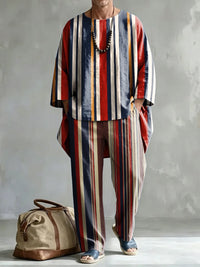 Men's Fashionable Retro Stripes Print Casual Comfort Crew Neck Top And Pants Two-piece Set