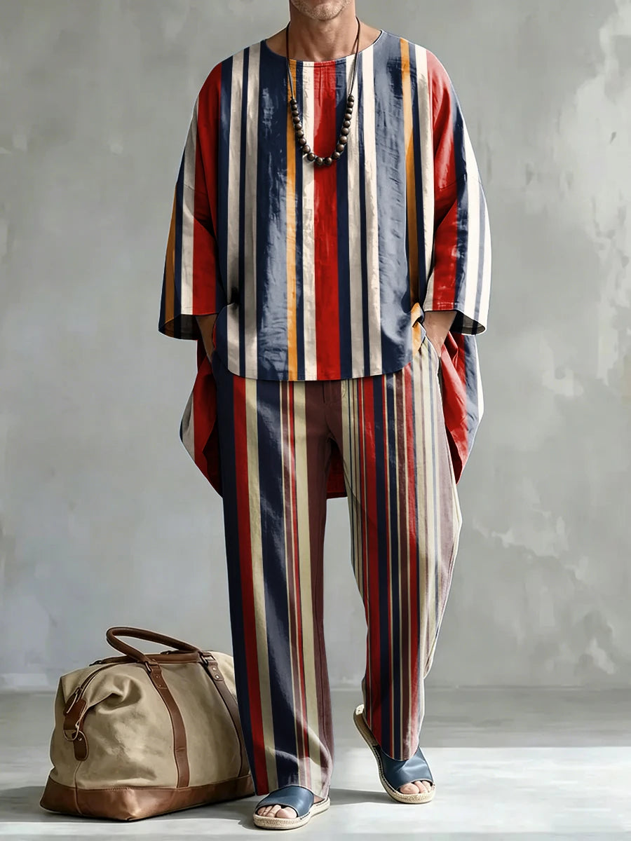 Men's Fashionable Retro Stripes Print Casual Comfort Crew Neck Top And Pants Two-piece Set