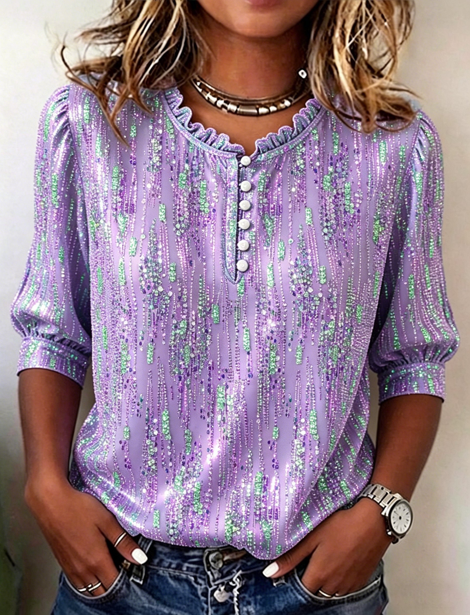 Women's Retro Purple Art Print Casual Ruffle Collar Shirt