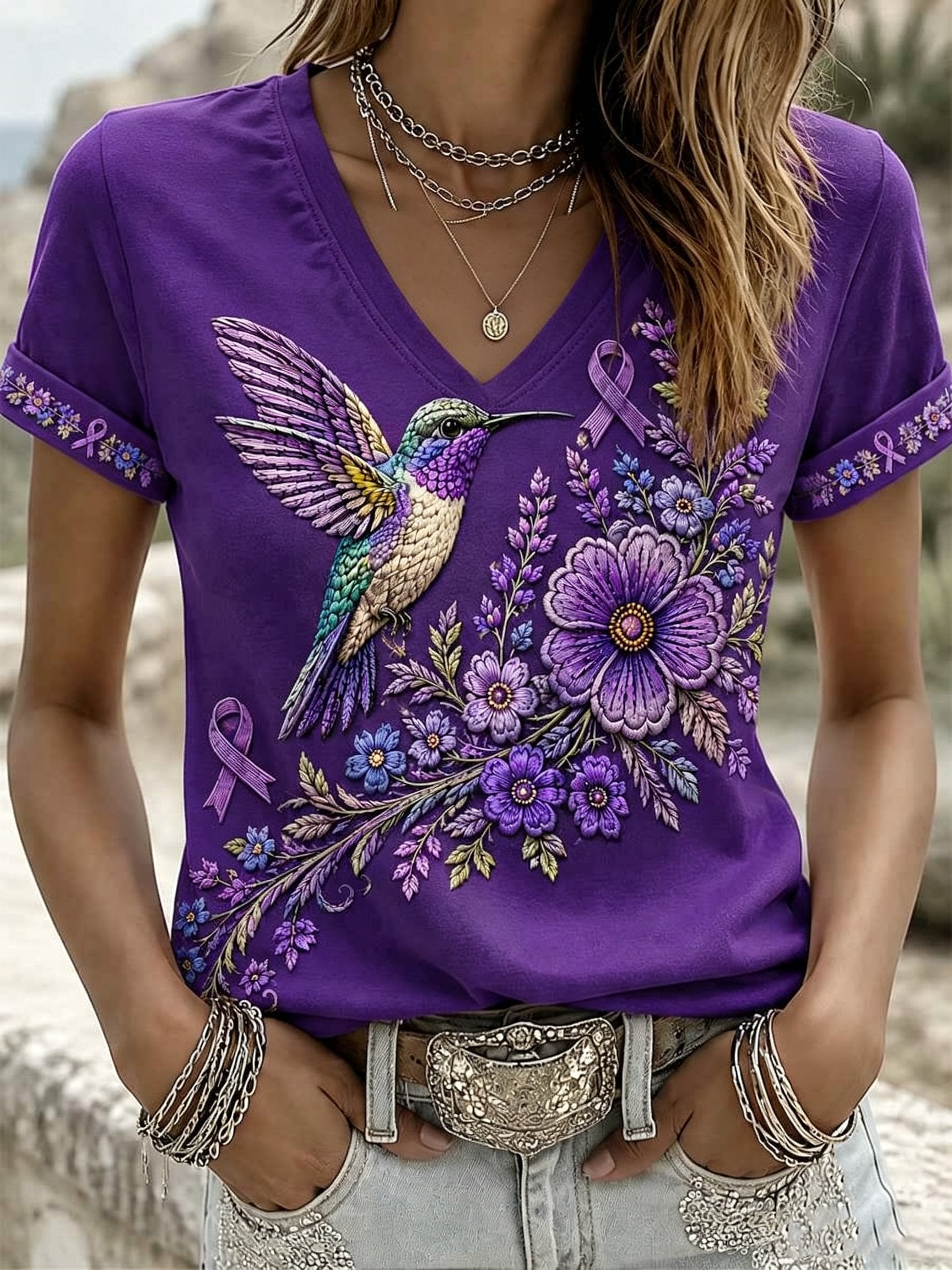 Women's Purple Floral Alzheimer's Disease Print Comfortable V-Neck T-Shirt