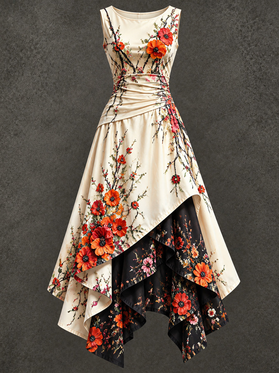 Retro Art Printed Vintage Sleeveless Irregularly Layered Stitched Midi Dress
