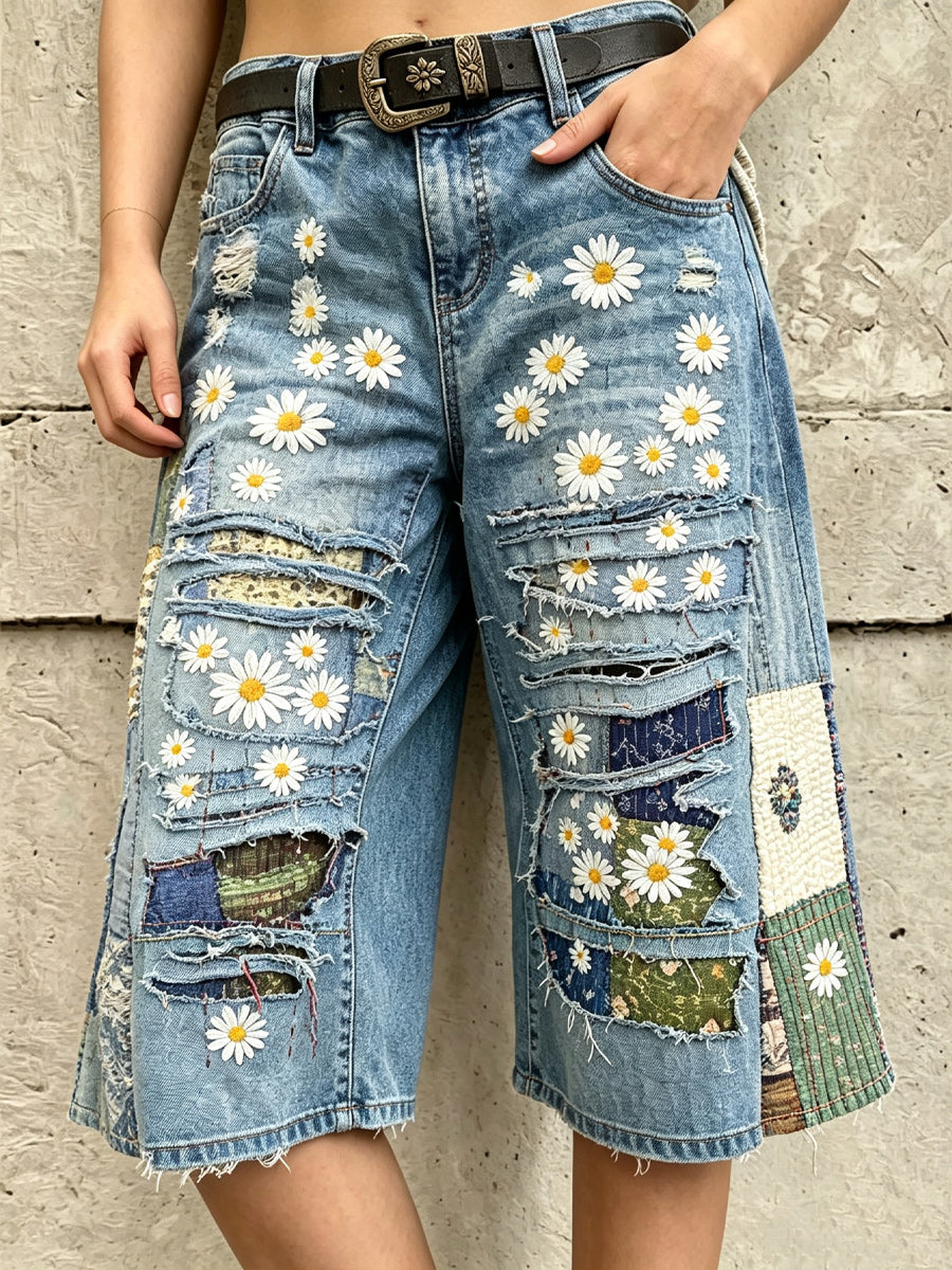 Retro Style Art Print Vintage Casual Denim Fifth Pants