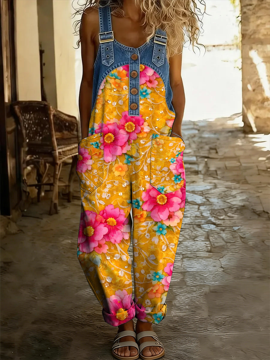 Women's Floral Art Print Washed Cotton Denim Patchwork Jumpsuit
