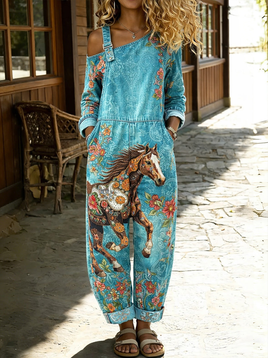 Women's Retro Style Floral Art Print Washed Cotton Denim Patchwork Jumpsuit