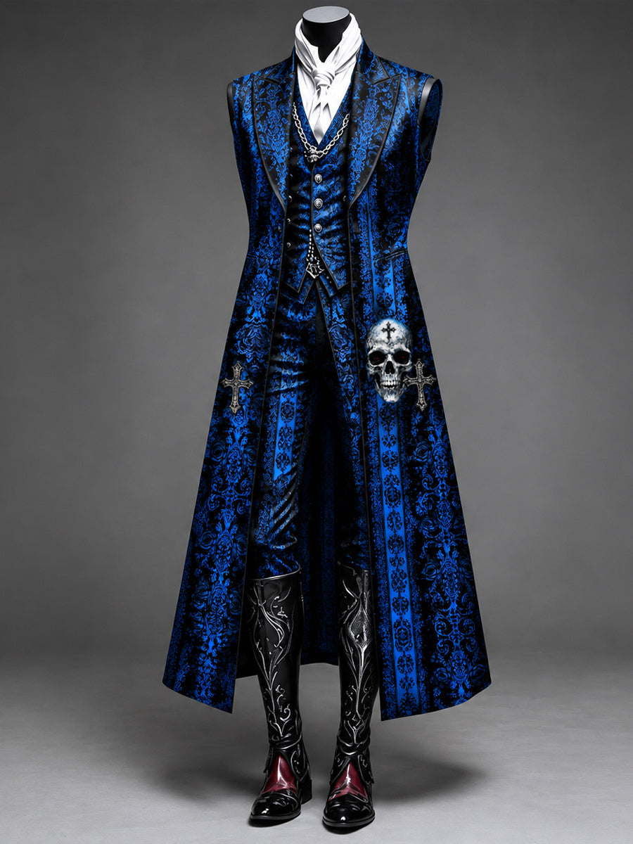 Men's Gothic Punk Art Print Casual Sleeveless Long-Style Suit Blazer Jacket