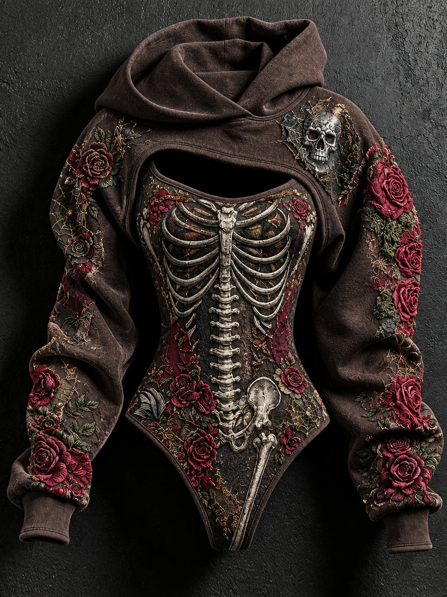 Women's Vintage Art Stretch Bodysuit Hooded Sweatshirt Two-Piece Set