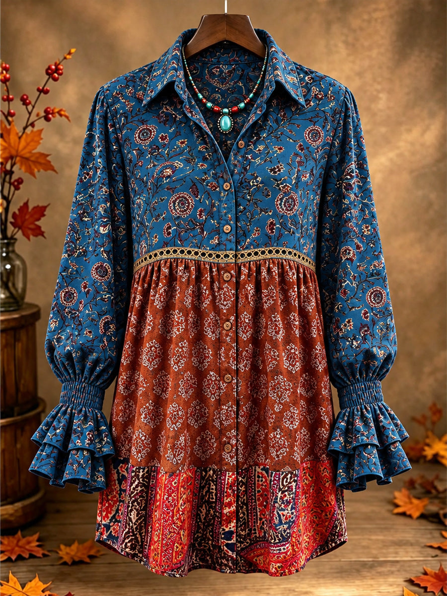 Women's Casual Art Print Retro V-Neck Layered Stitched Long Sleeve Shirt