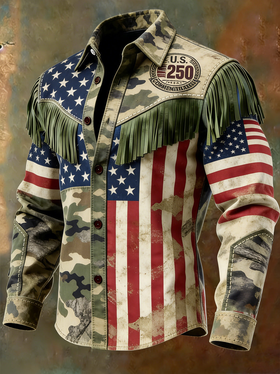 Men's Retro U.S 250 Commemorative Veteran Print Western Vintage Tassel Casual Long Sleeve Shirt