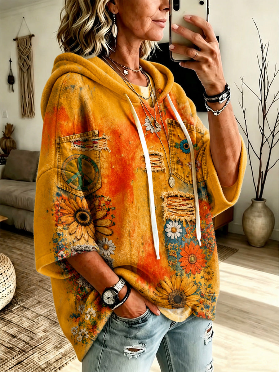 Retro Style Art Printed Casual Short Sleeve Hooded Drawstring Loose Top