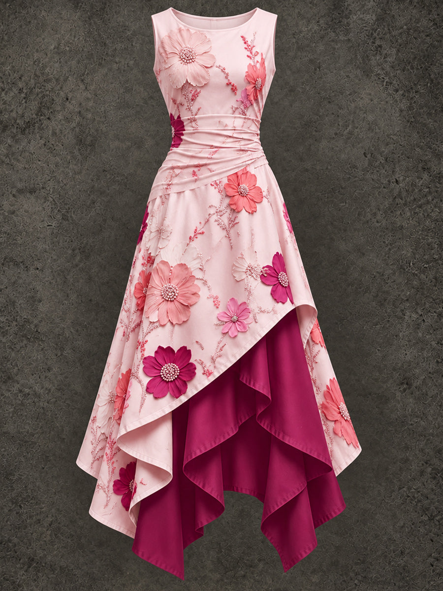 Retro Art Printed Vintage Sleeveless Irregularly Layered Stitched Midi Dress
