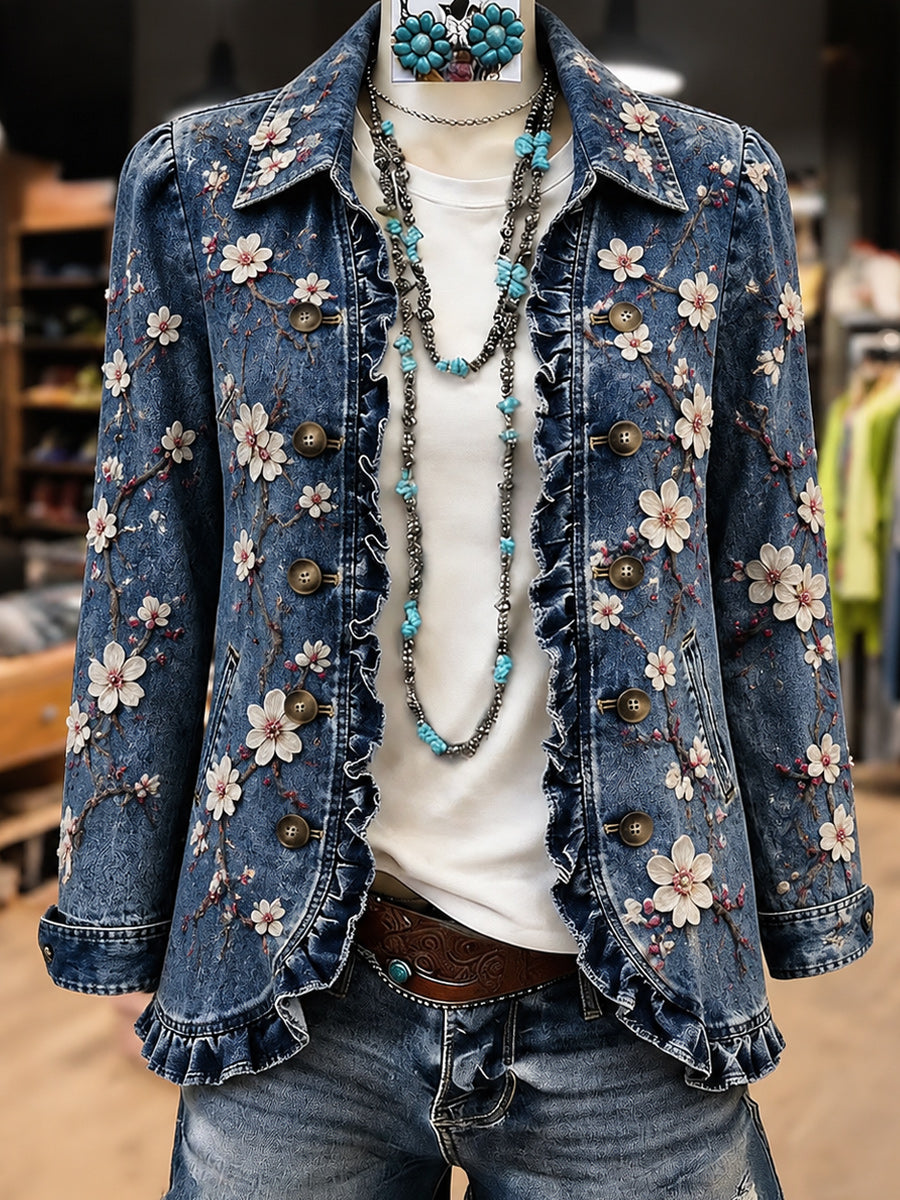 Women's Vintage Floral Art Print Casual Ruffled Shirt Jacket