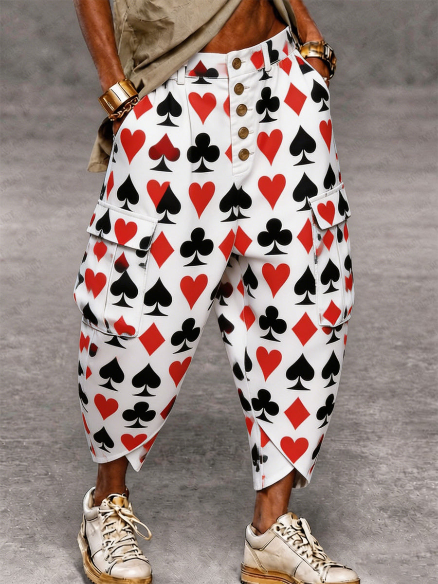 Men's Retro Poker Card Art Print Casual Cargo Pants