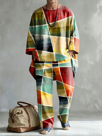 Men's Fashionable Abstract Geometric Print Casual Comfort Crew Neck Top And Pants Two-piece Set